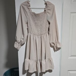 Medium Cream Smocked Mini Dress Bishop Sleeves Square Neck Cute Sexy Tan Ruffle
